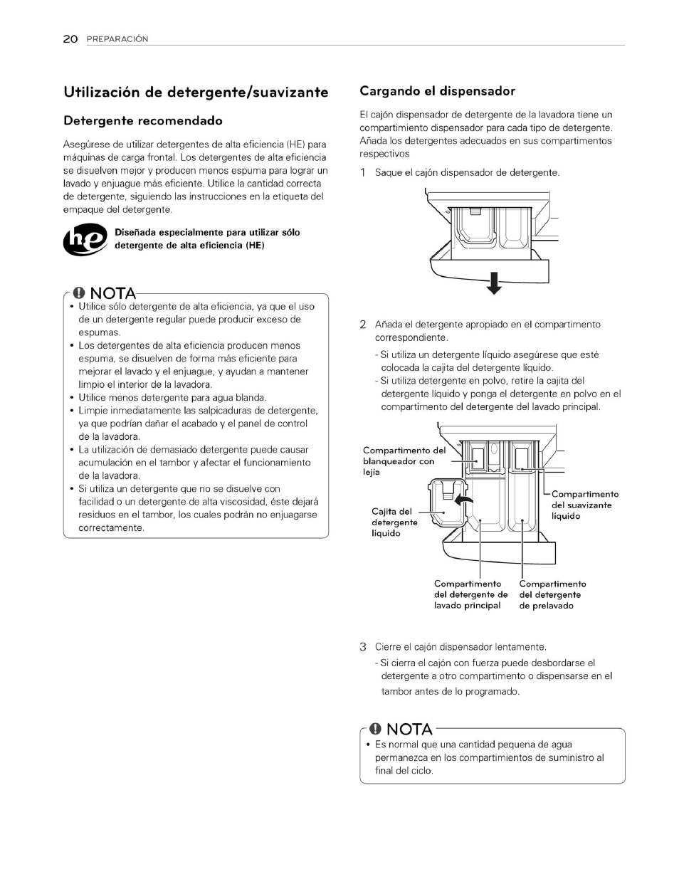 Utilización de detergente/suavizante, Detergente recomendado, R© nota | Cargando el dispensador, O nota | LG WM3070HWA User Manual | Page 61 / 81