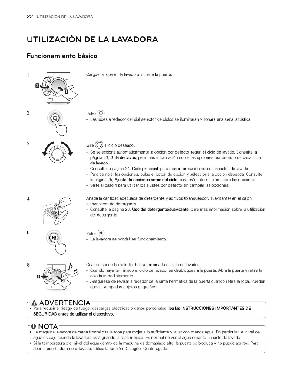 Utilizacion de la lavadora, Funcionamiento básico, A advertencia | O nota, Advertencia | LG WM3070HWA User Manual | Page 63 / 81