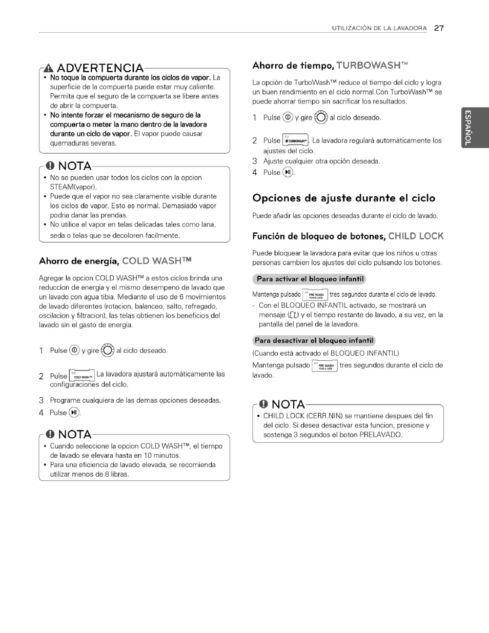 Ahorro de energía, cold wash, Nota, Ahorro de tiempo, turbowash | Opciones de ajuste durante el ciclo, Función de bloqueo de botones, chilo lock, R© nota, Ra advertencia | LG WM3070HWA User Manual | Page 68 / 81