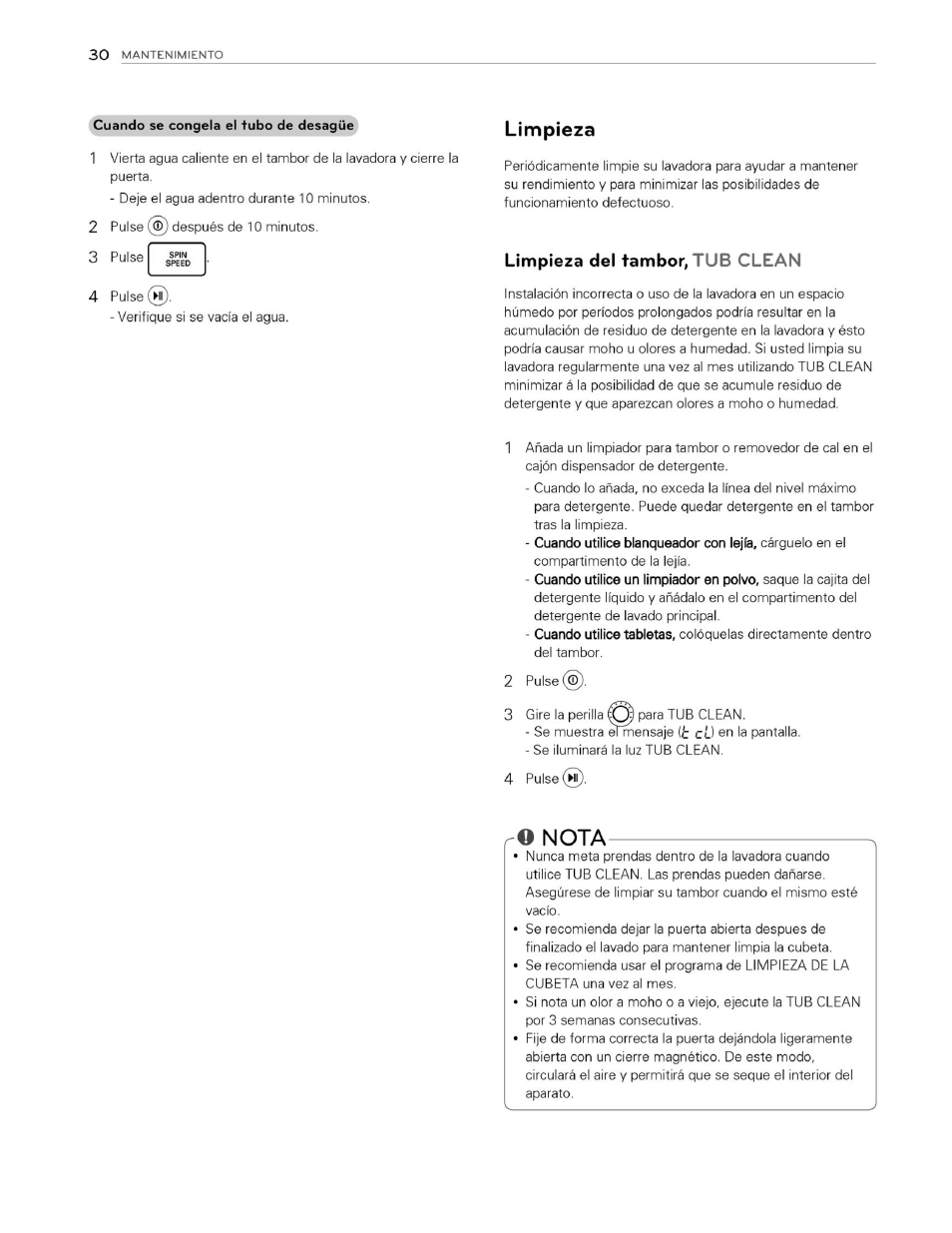 Limpieza, Limpieza del tambor, tub clean, O nota | Nota | LG WM3070HWA User Manual | Page 71 / 81