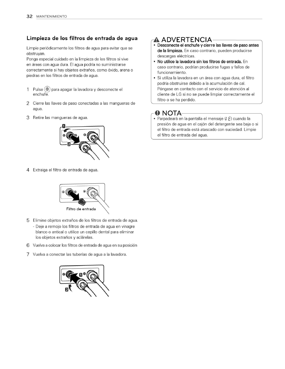 Limpieza de los filtros de entrada de agua, A advertencia, Advertencia | O nota | LG WM3070HWA User Manual | Page 73 / 81