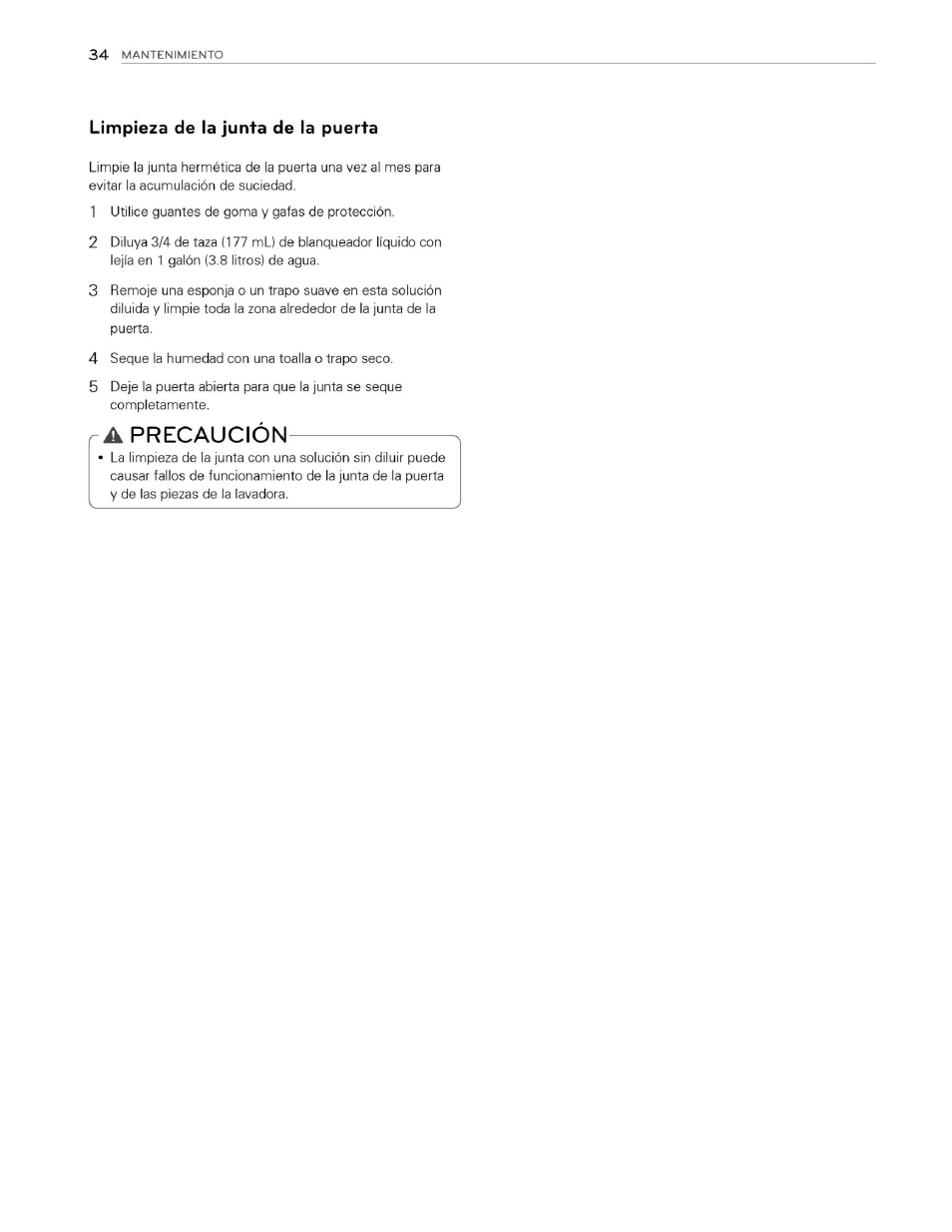 Limpieza de la junta de la puerta, A precaución | LG WM3070HWA User Manual | Page 75 / 81