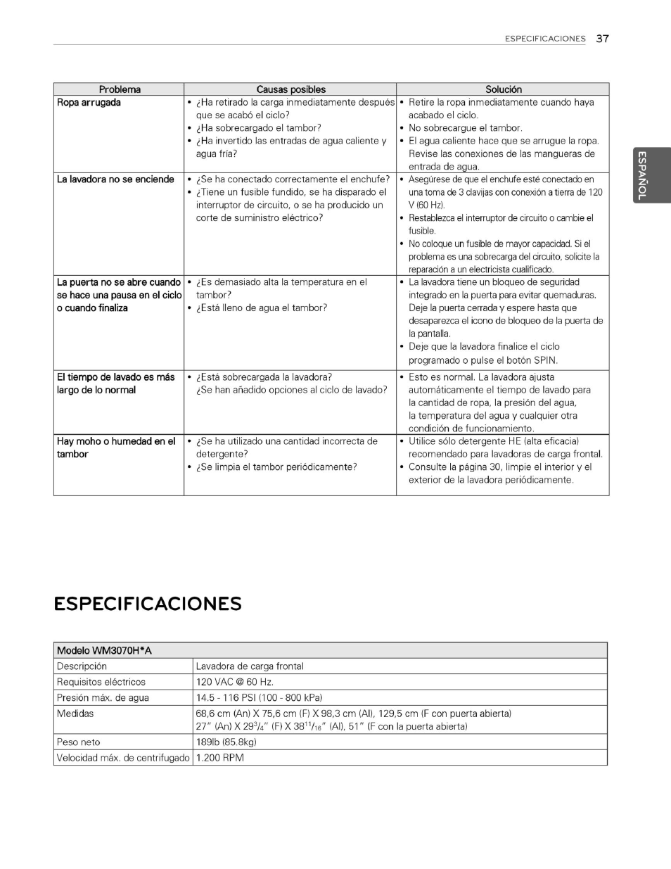 Especificaciones | LG WM3070HWA User Manual | Page 78 / 81