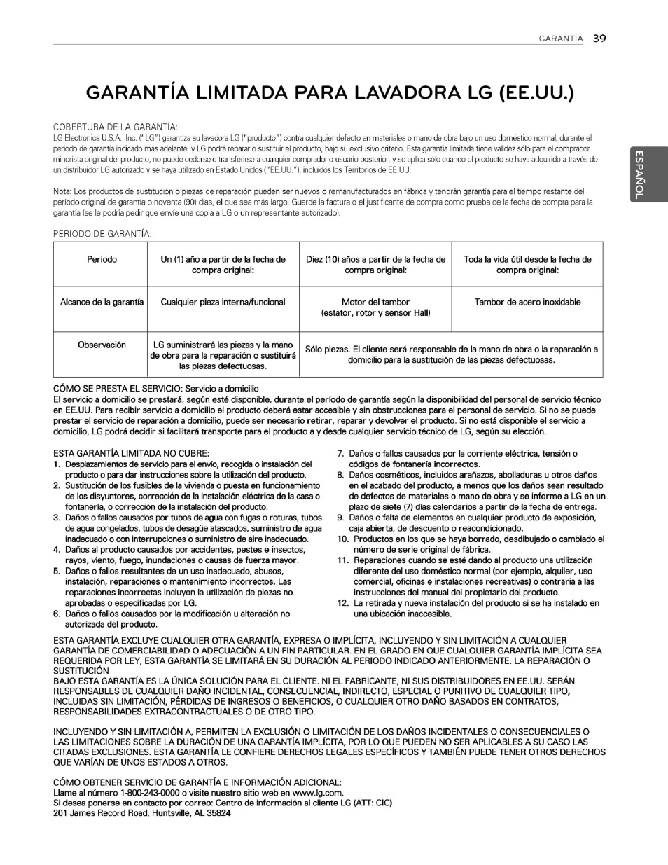 Garantía limitada para lavadora lg (ee.uu.) | LG WM3070HWA User Manual | Page 80 / 81