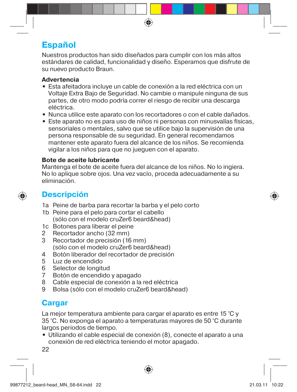 Español, Descripción, Cargar | Braun cruZer6 beard&head  EU User Manual | Page 21 / 64