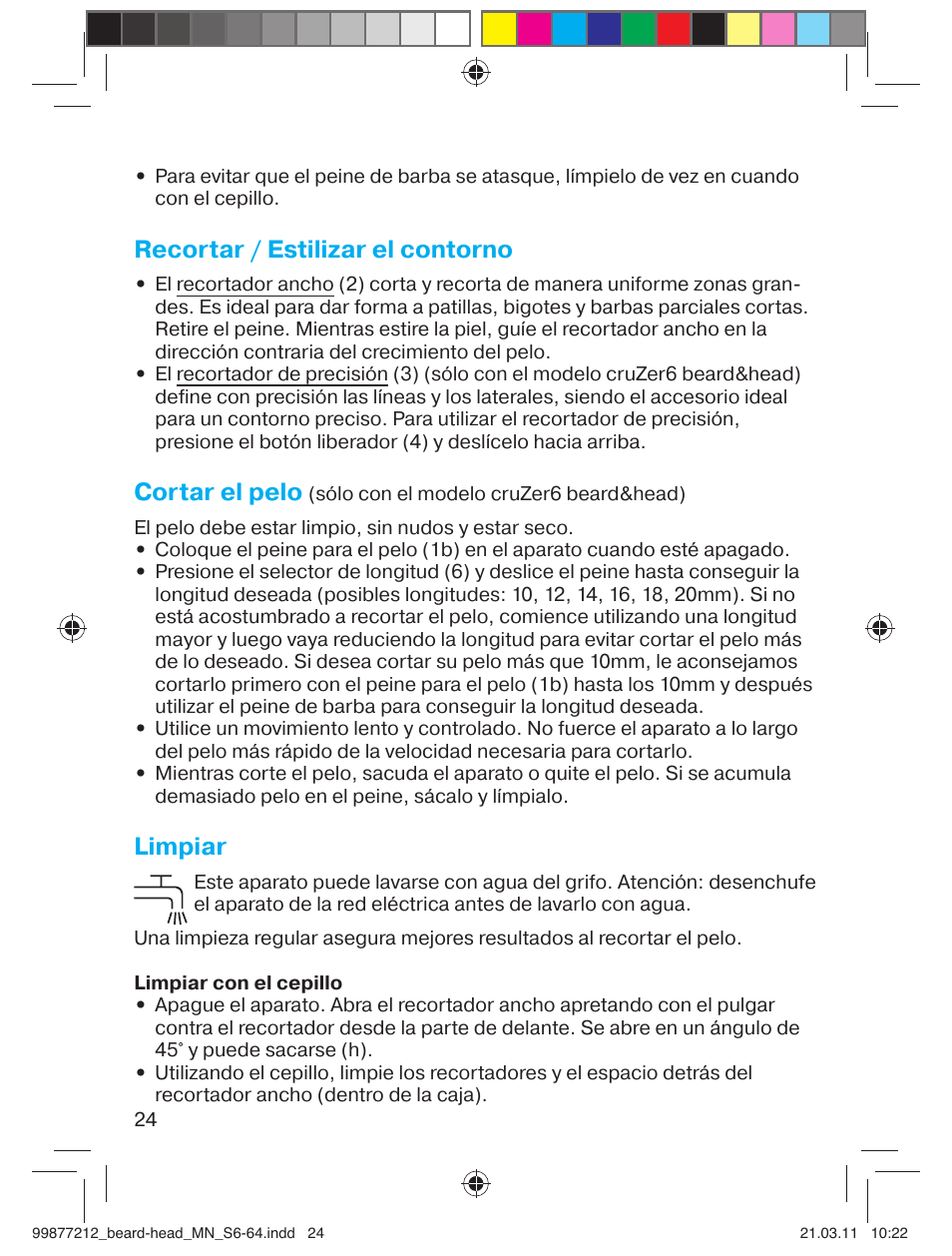 Recortar / estilizar el contorno, Cortar el pelo, Limpiar | Braun cruZer6 beard&head  EU User Manual | Page 23 / 64