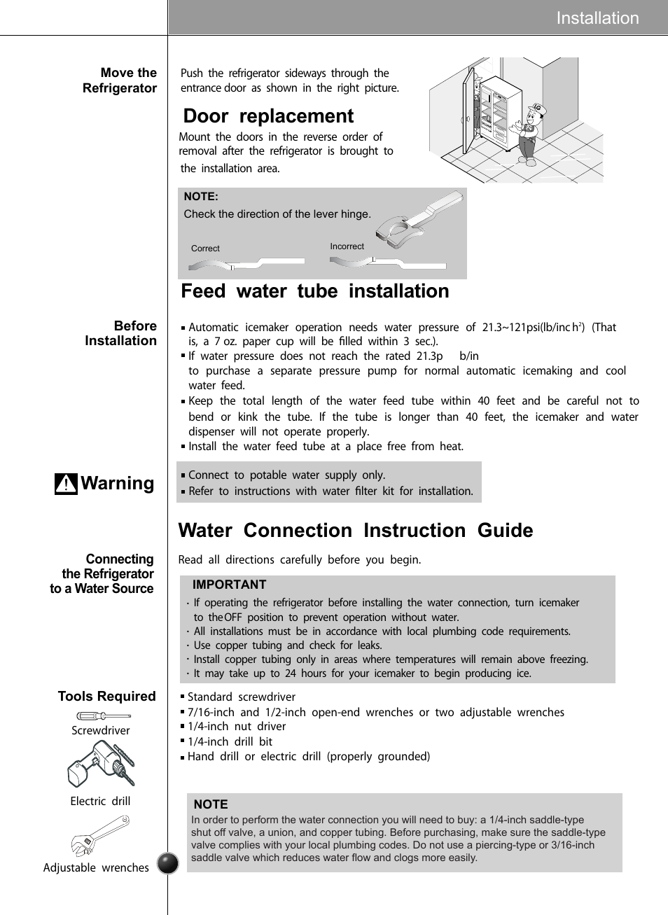 Door replacement feed water tube installation, Water connection instruction guide, Warning | Installation | LG LRSC26925TT User Manual | Page 9 / 30