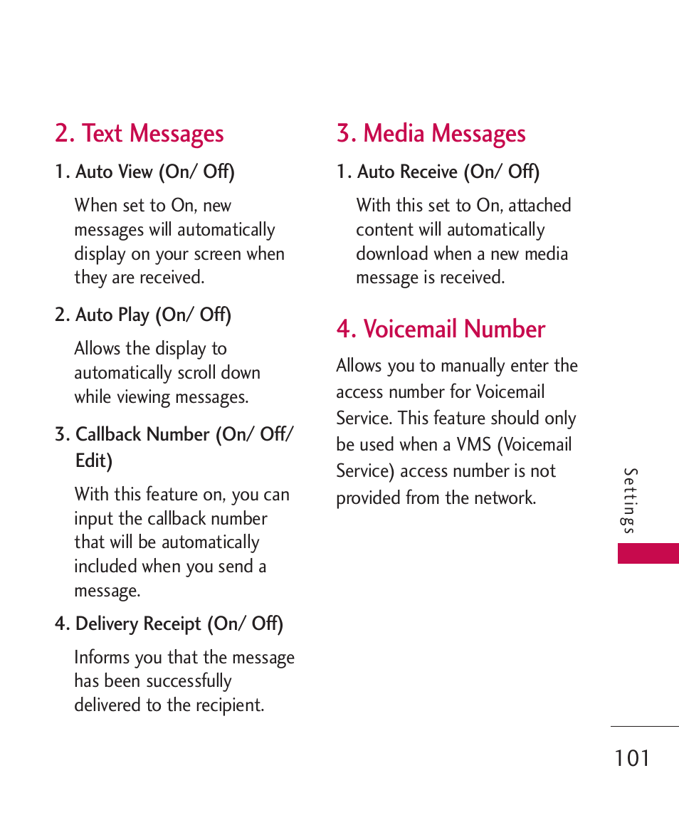 Text messages, Media messages, Voicemail number | LG LG840 User Manual | Page 103 / 293
