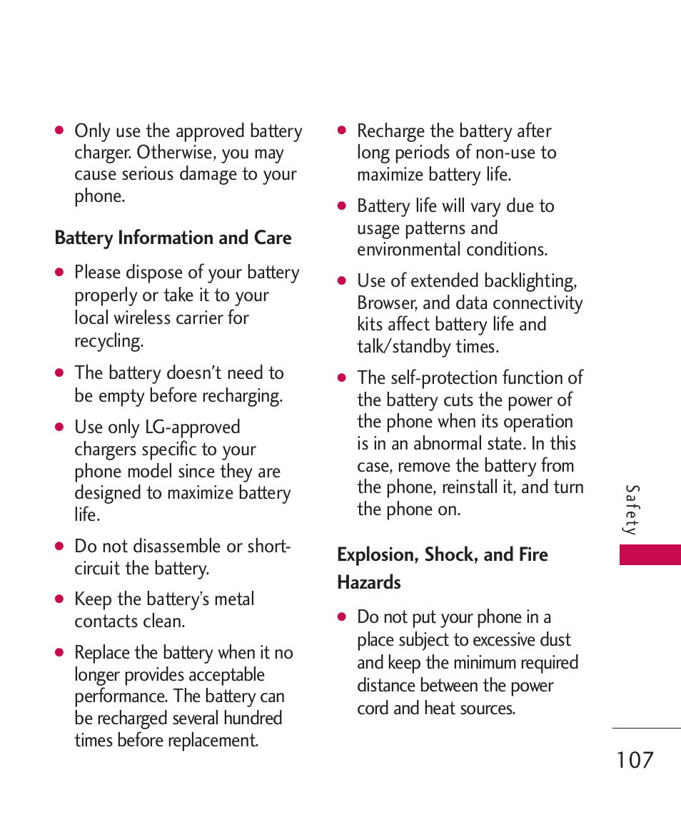 Battery information and care, Explosion, shock, and fire hazards, Do not disassemble or short- circuit the battery | Keep the battery’s metal contacts clean | LG LG840 User Manual | Page 109 / 293