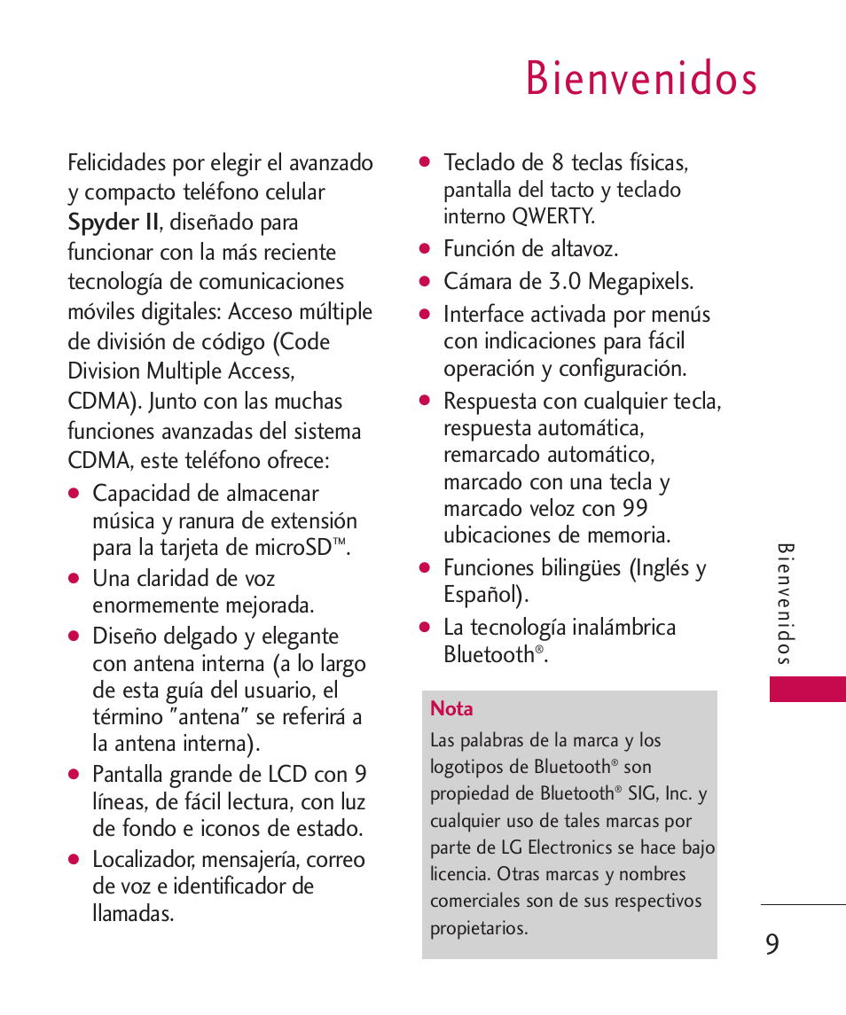 Bienvenidos, Una claridad de voz enormemente mejorada, Teclado de 8 teclas físicas | Función de altavoz, Cámara de 3.0 megapixels, Funciones bilingües (inglés y español), La tecnología inalámbrica bluetooth | LG LG840 User Manual | Page 151 / 293