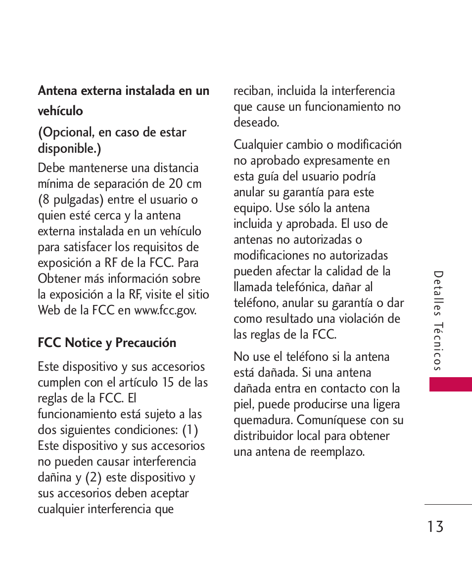 Antena externa instalada en, Fcc notice y precaución, Antena externa instalada en un vehículo | LG LG840 User Manual | Page 155 / 293