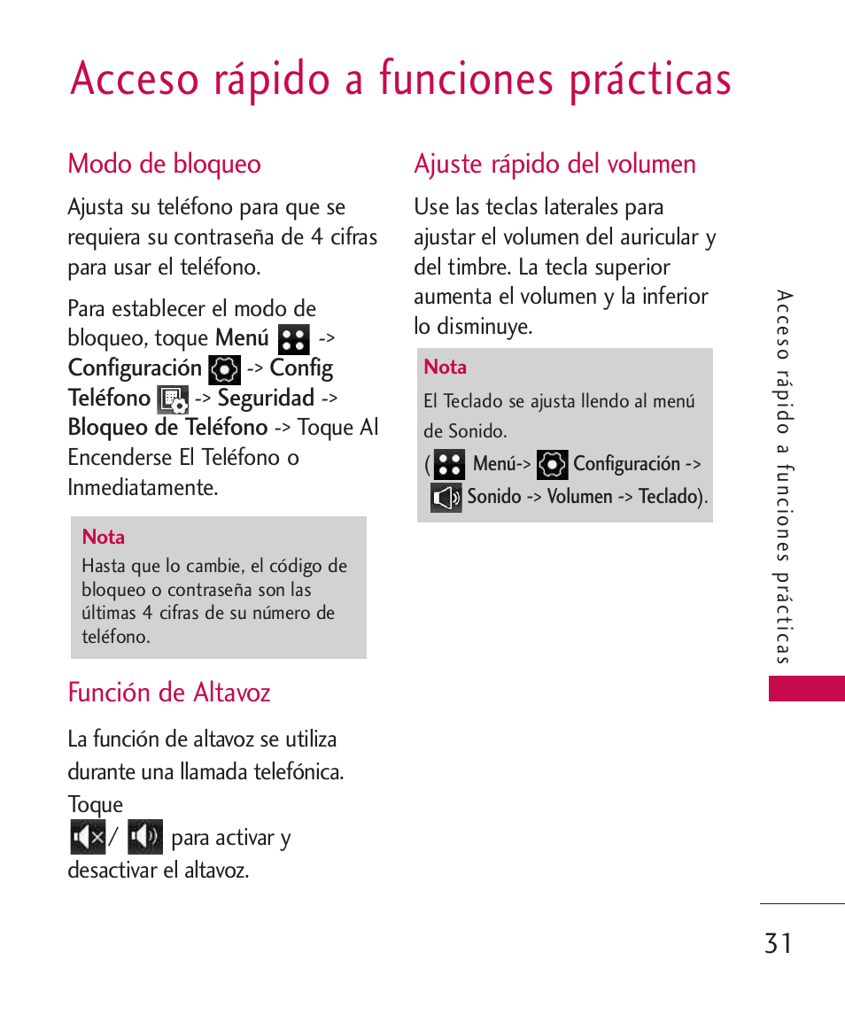 Acceso rápido a funciones pr, Modo de bloqueo, Función de altavoz | Ajuste rápido del volumen, Acceso rápido a funciones prácticas | LG LG840 User Manual | Page 173 / 293