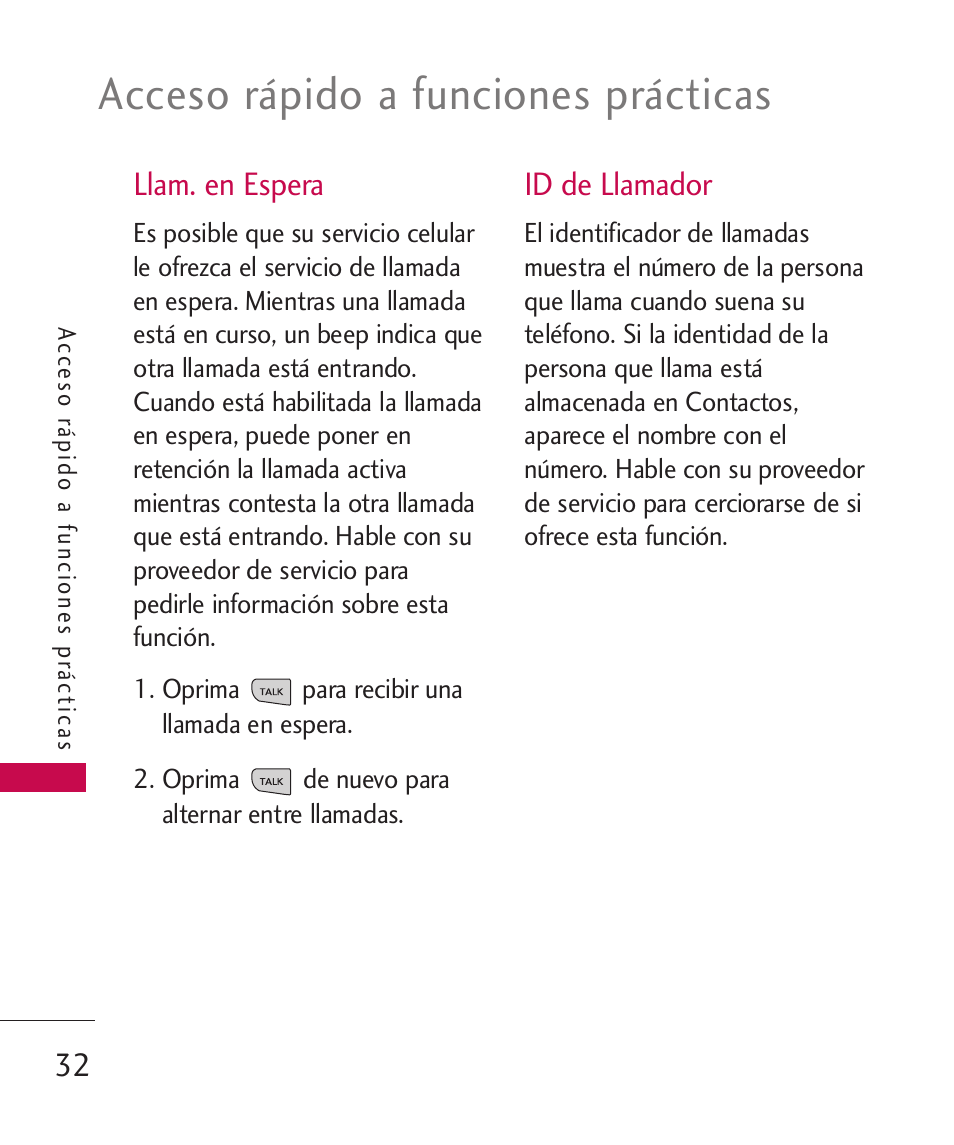 Llam. en espera, Id de llamador, Acceso rápido a funciones prácticas | LG LG840 User Manual | Page 174 / 293
