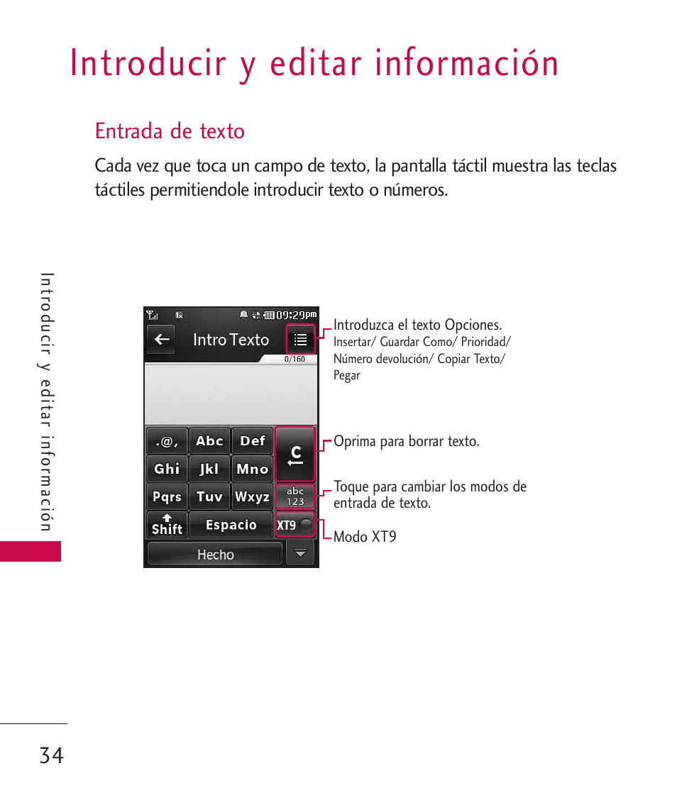 Introducir y editar información, Entrada de texto | LG LG840 User Manual | Page 176 / 293