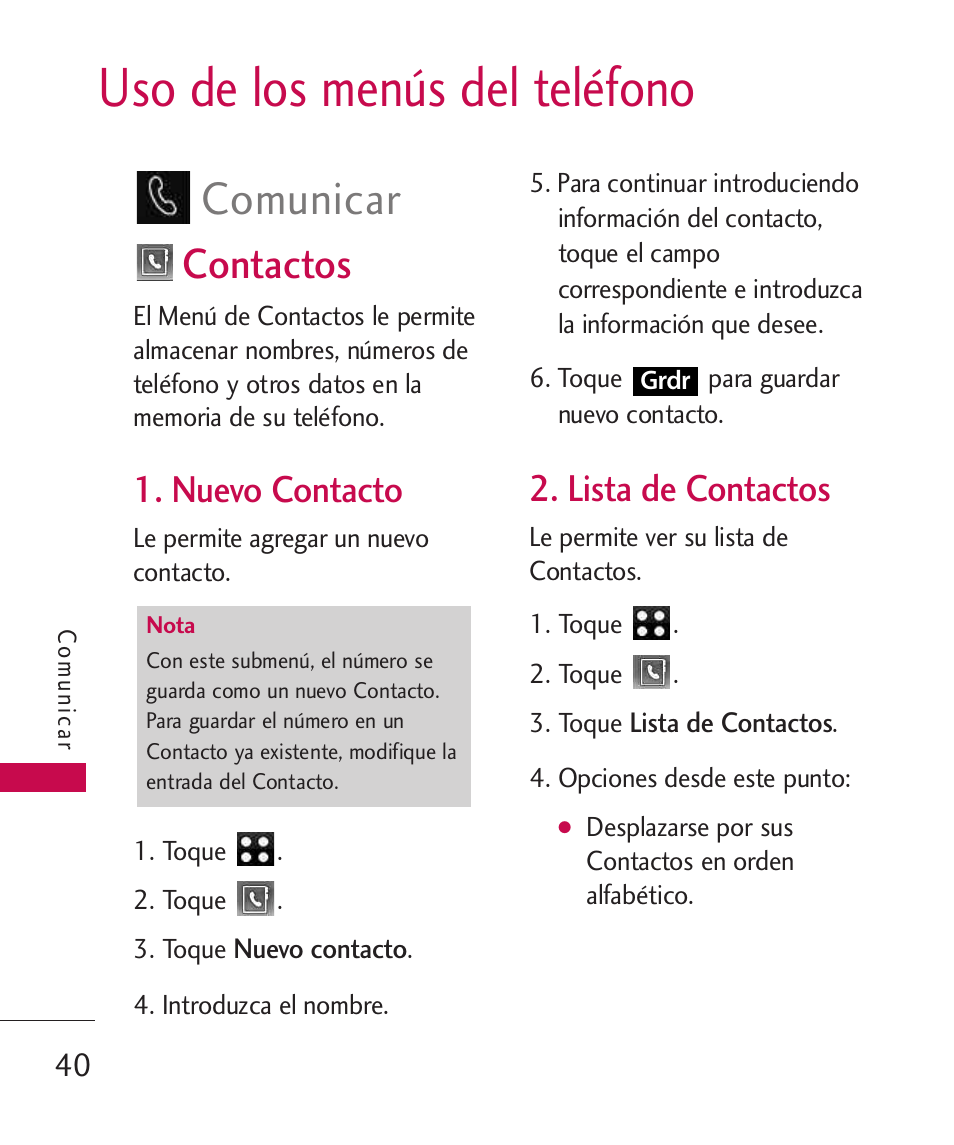Uso de los menús del teléfono, Contactos, Nuevo contacto | Lista de contactos, Comunicar | LG LG840 User Manual | Page 182 / 293