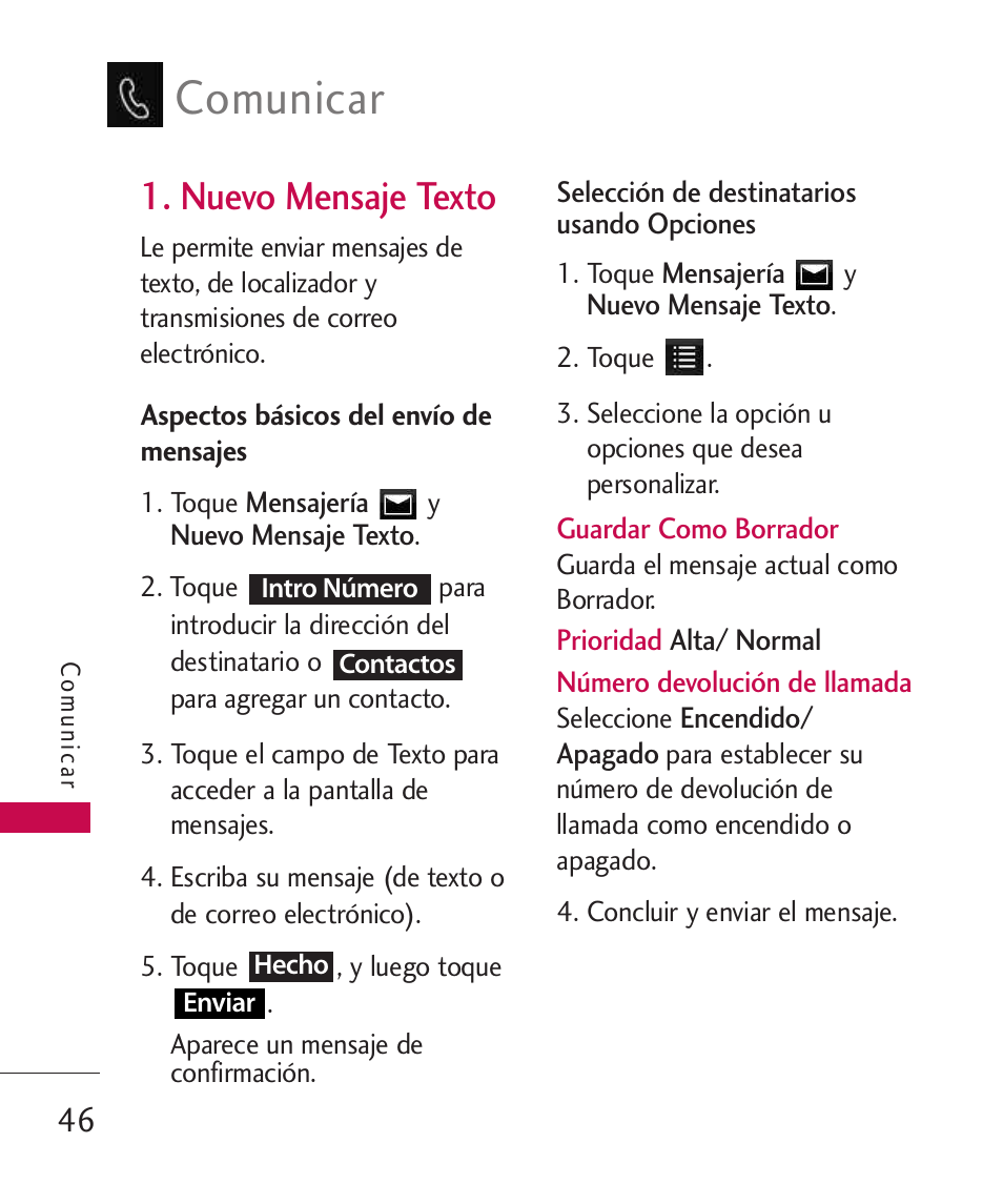 Nuevo mensaje texto, Comunicar | LG LG840 User Manual | Page 188 / 293