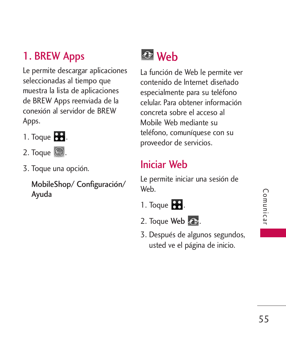 Brew apps, Iniciar web | LG LG840 User Manual | Page 197 / 293