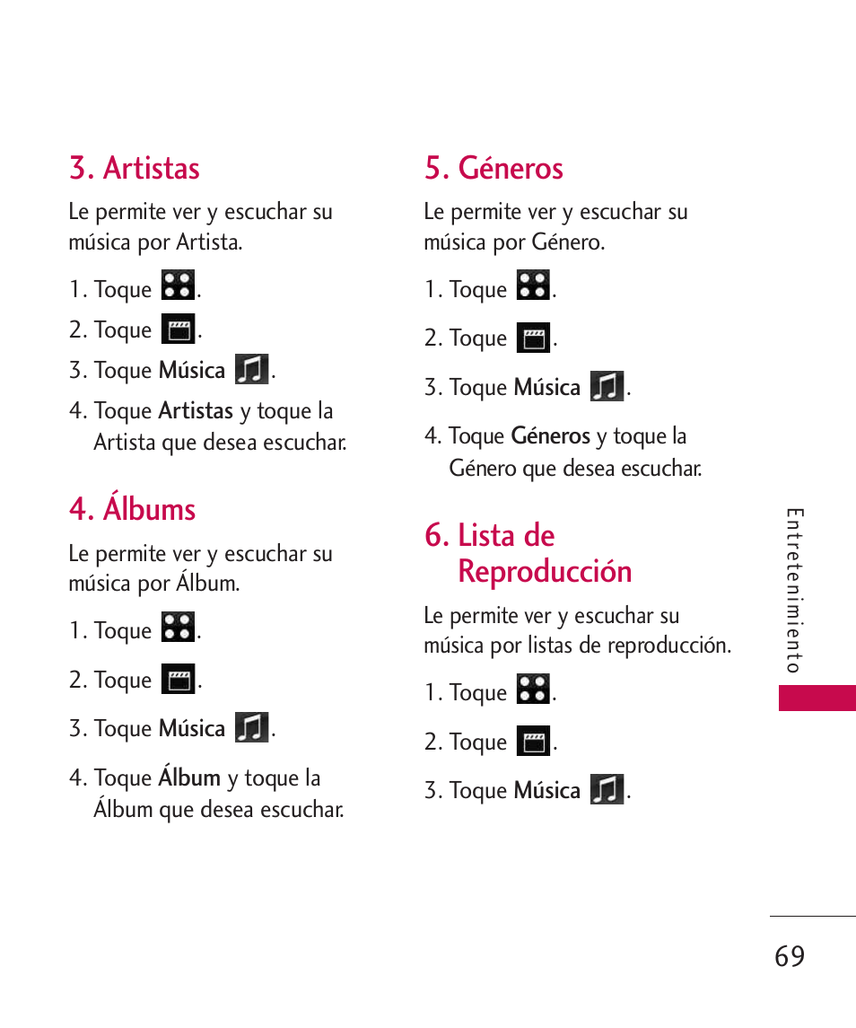 Artistas, Álbums, Géneros | Lista de reproducción | LG LG840 User Manual | Page 211 / 293