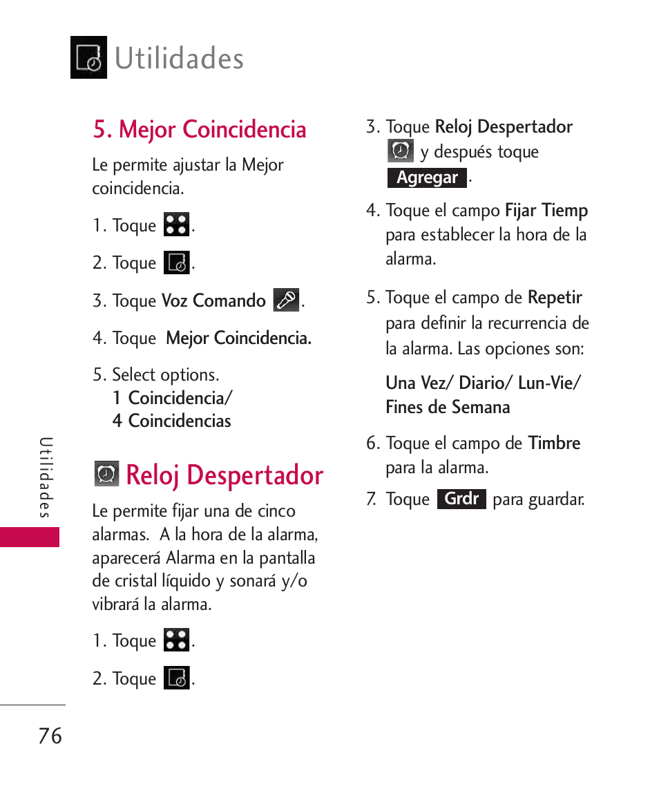 Mejor coincidencia, Reloj despertador, Utilidades | LG LG840 User Manual | Page 218 / 293