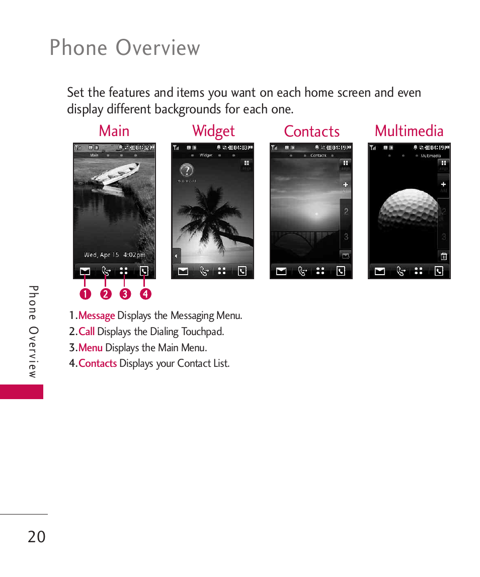 Phone overview, Main multimedia widget contacts | LG LG840 User Manual | Page 22 / 293