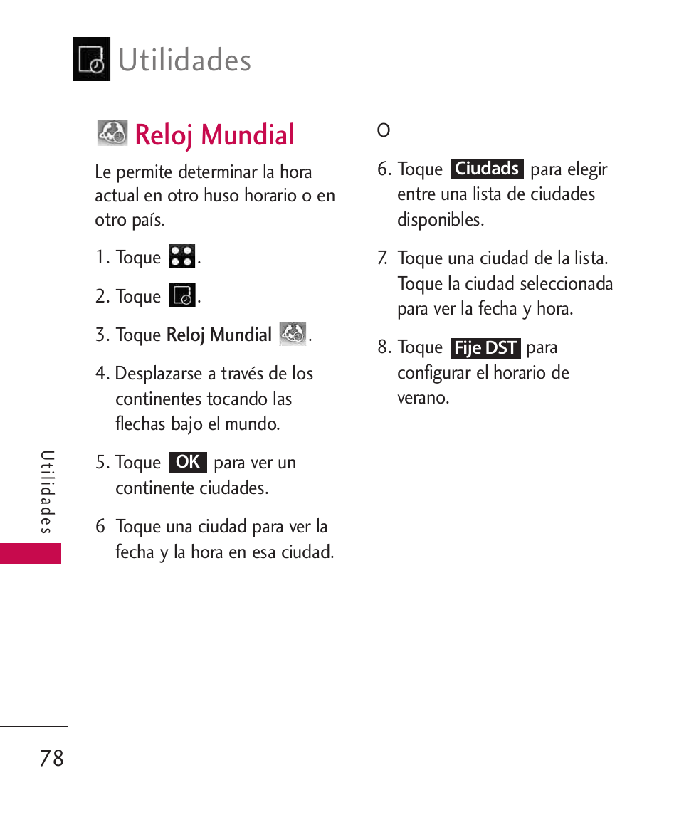 Reloj mundial, Utilidades | LG LG840 User Manual | Page 220 / 293
