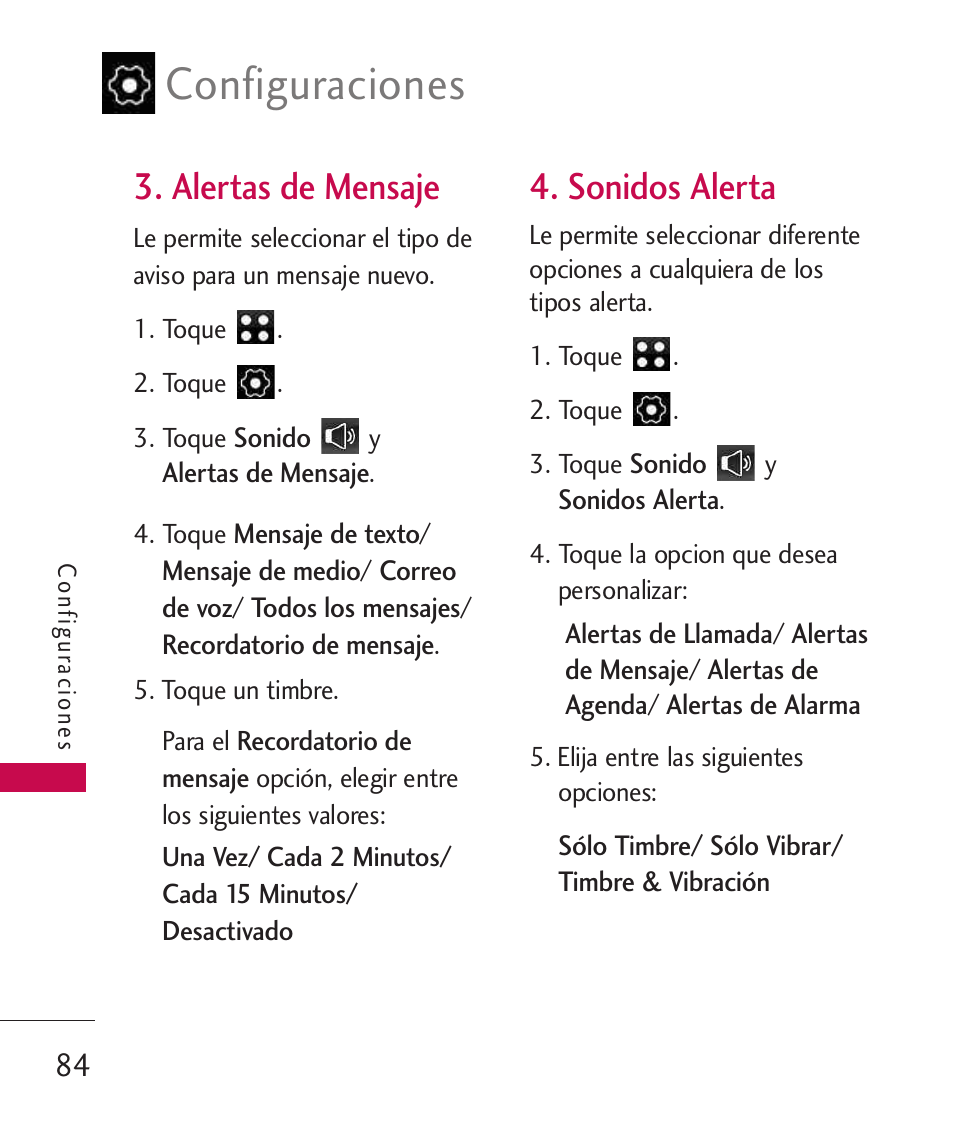 Alertas de mensaje, Sonidos alerta, Configuraciones | LG LG840 User Manual | Page 226 / 293