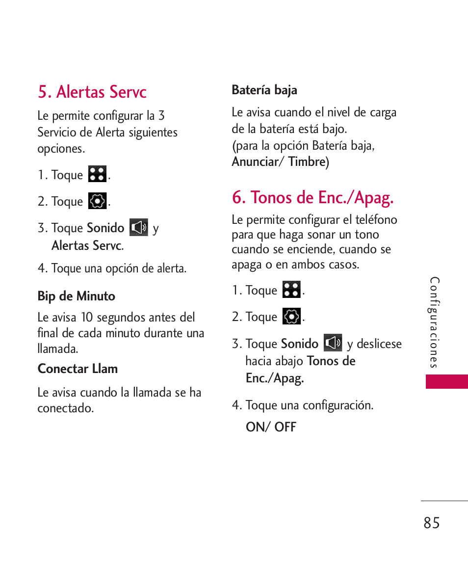 Alertas servc, Tonos de enc./apag | LG LG840 User Manual | Page 227 / 293