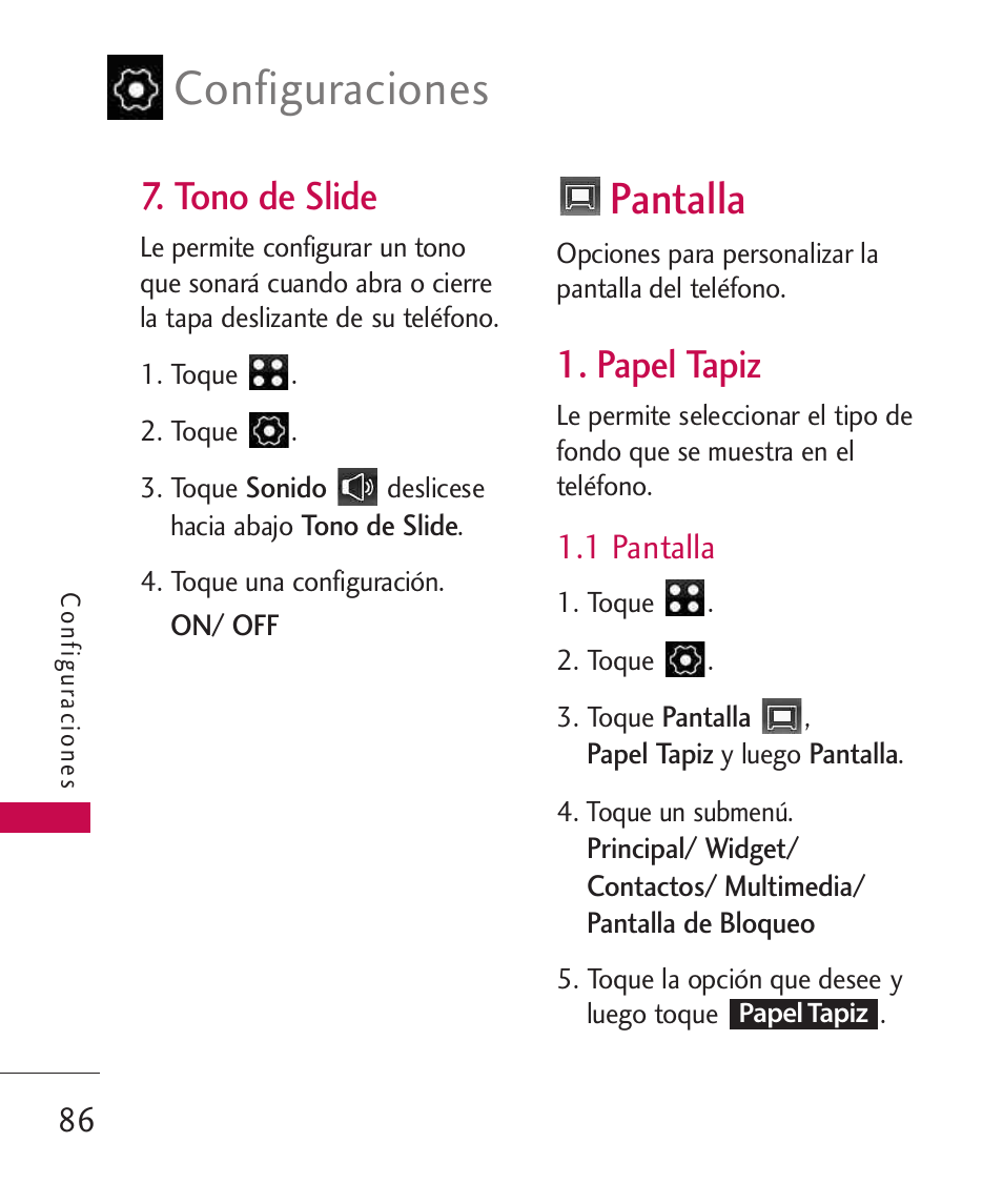 Tono de slide, Pantalla, Papel tapiz | 1 pantalla, Configuraciones | LG LG840 User Manual | Page 228 / 293