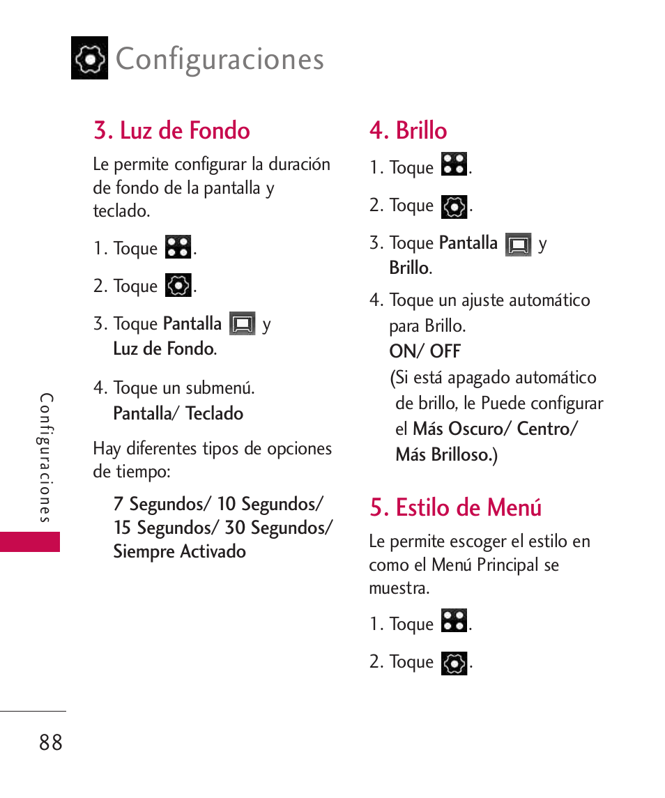 Luz de fondo, Brillo, Estilo de menú | Configuraciones | LG LG840 User Manual | Page 230 / 293