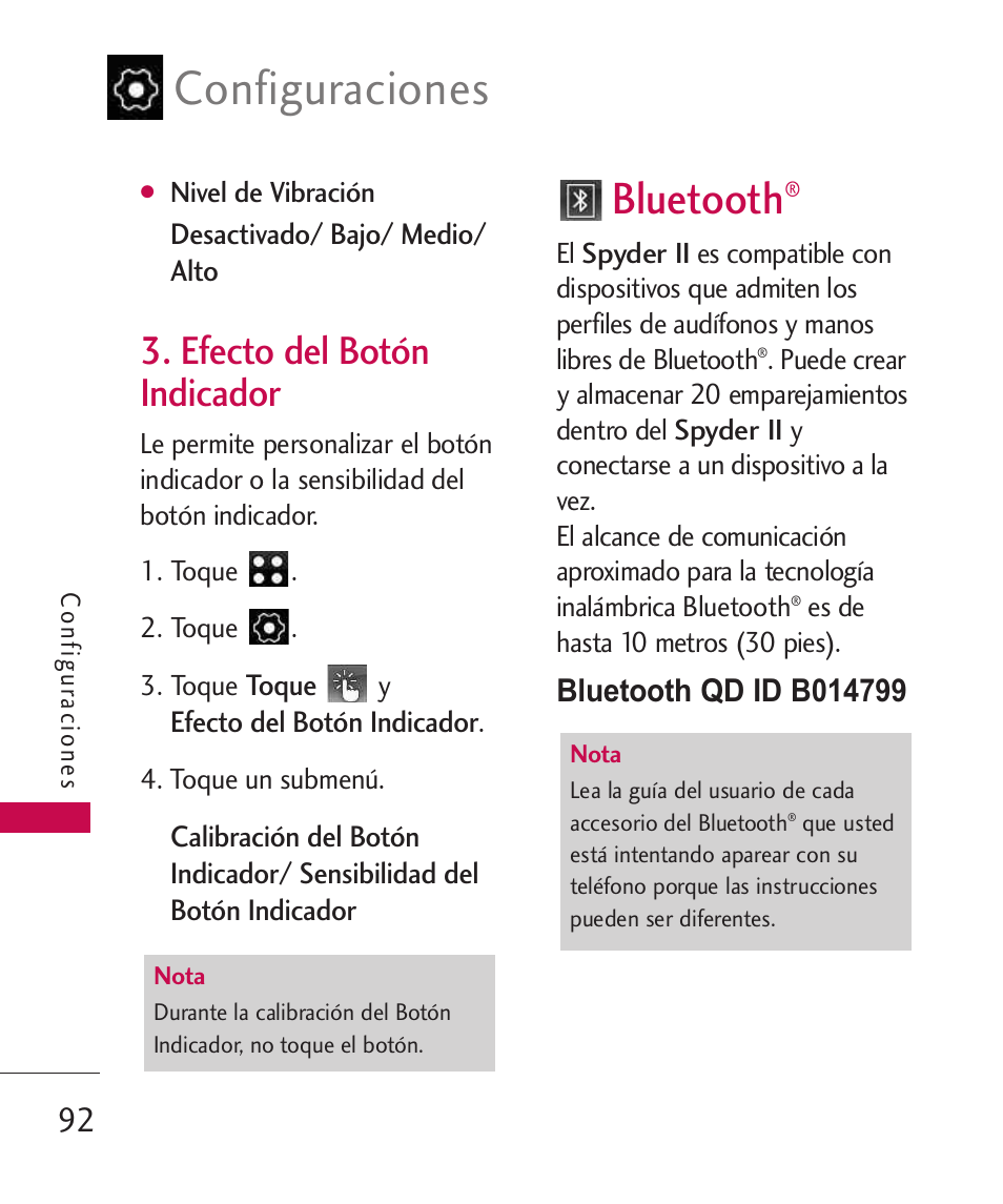 Efecto del botón indicador, Bluetooth, Efecto del botón indicador92 | Configuraciones | LG LG840 User Manual | Page 234 / 293