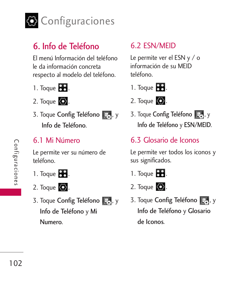 Info de teléfono, 1 mi número, 2 esn/meid | 3 glosario de iconos, Configuraciones | LG LG840 User Manual | Page 244 / 293