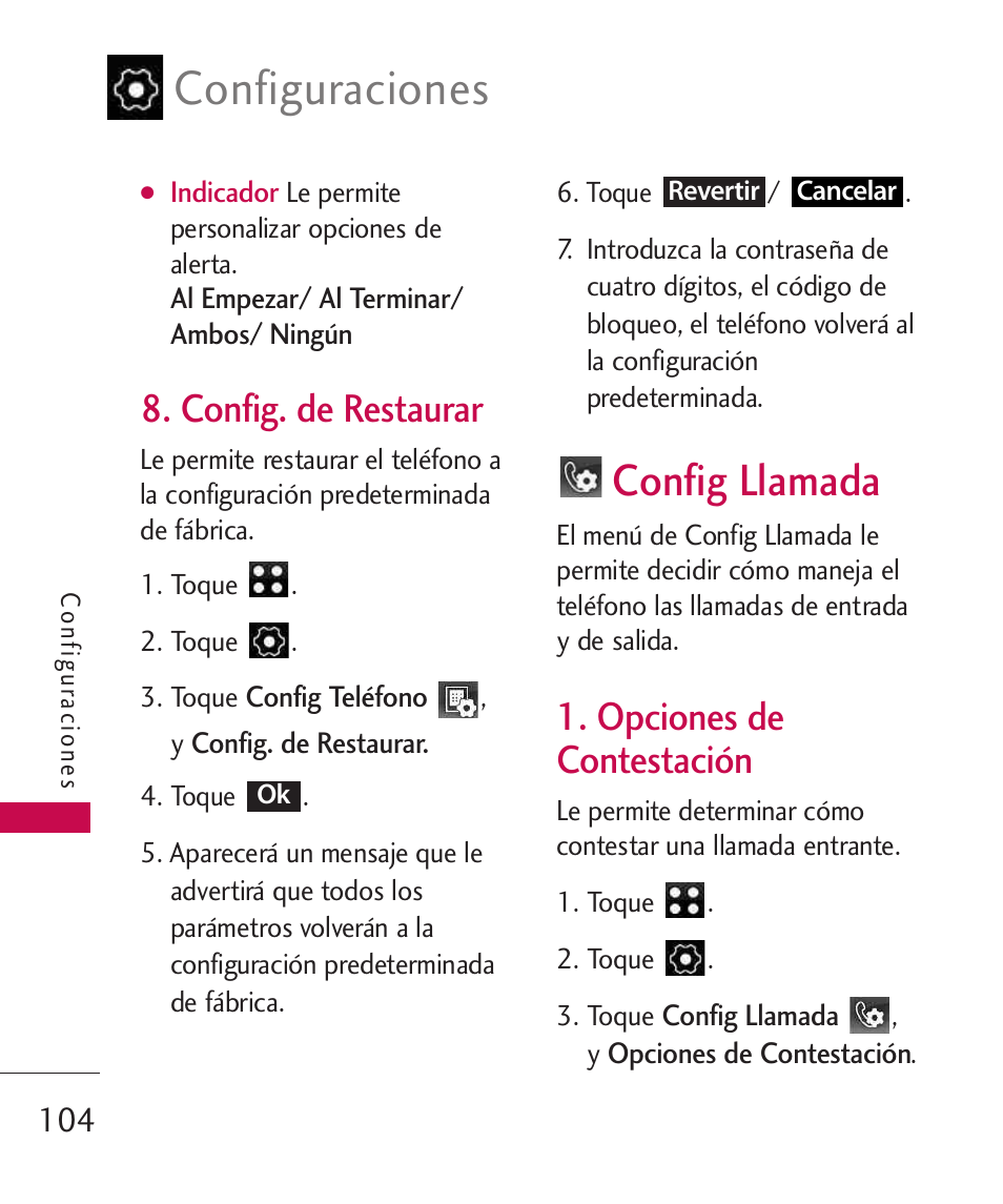 Config. de restaurar, Config llamada, opciones de contestación | Opciones de, Contestación, Configuraciones, Opciones de contestación | LG LG840 User Manual | Page 246 / 293