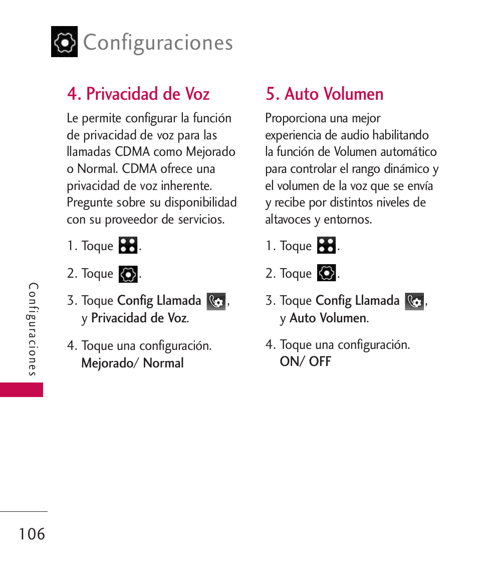 Privacidad de voz, Auto volumen, Configuraciones | LG LG840 User Manual | Page 248 / 293