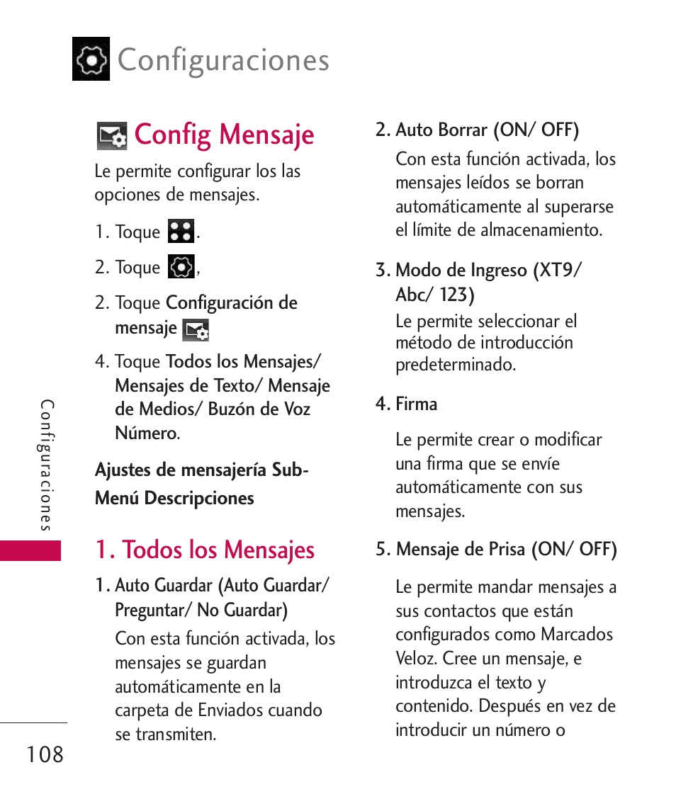 Config mensaje, Todos los mensajes, Configuraciones | LG LG840 User Manual | Page 250 / 293