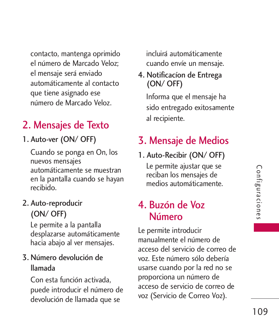 Mensajes de texto, Mensaje de medios, Buzón de voz número | LG LG840 User Manual | Page 251 / 293