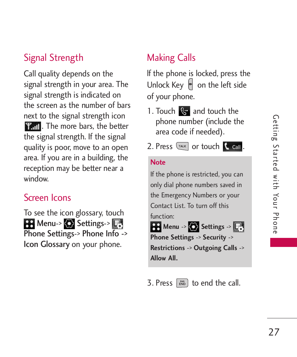 Signal strength, Screen icons, Making calls | LG LG840 User Manual | Page 29 / 293