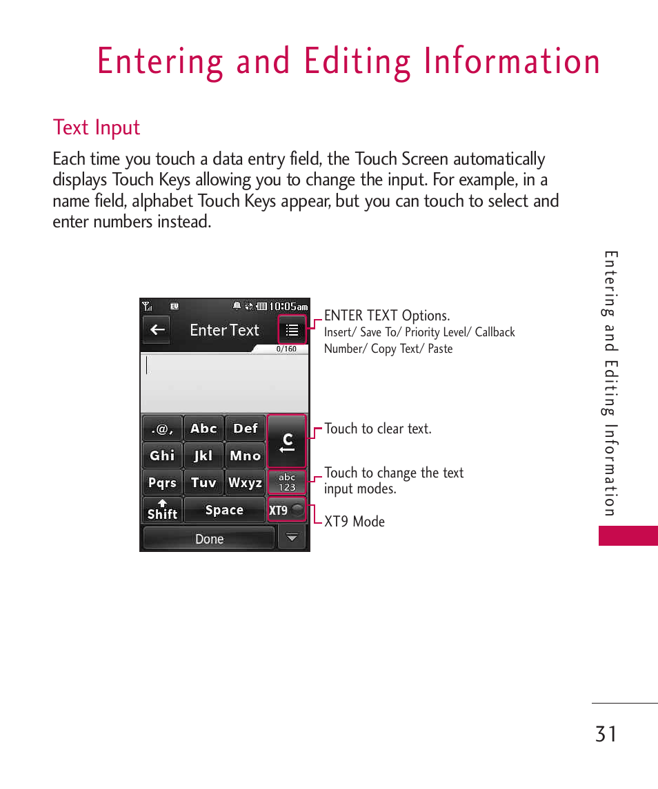 Entering and editing informa, Entering and editing information, Text input | LG LG840 User Manual | Page 33 / 293