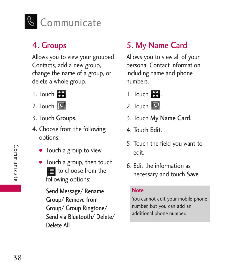 Groups, My name card, Communicate | LG LG840 User Manual | Page 40 / 293