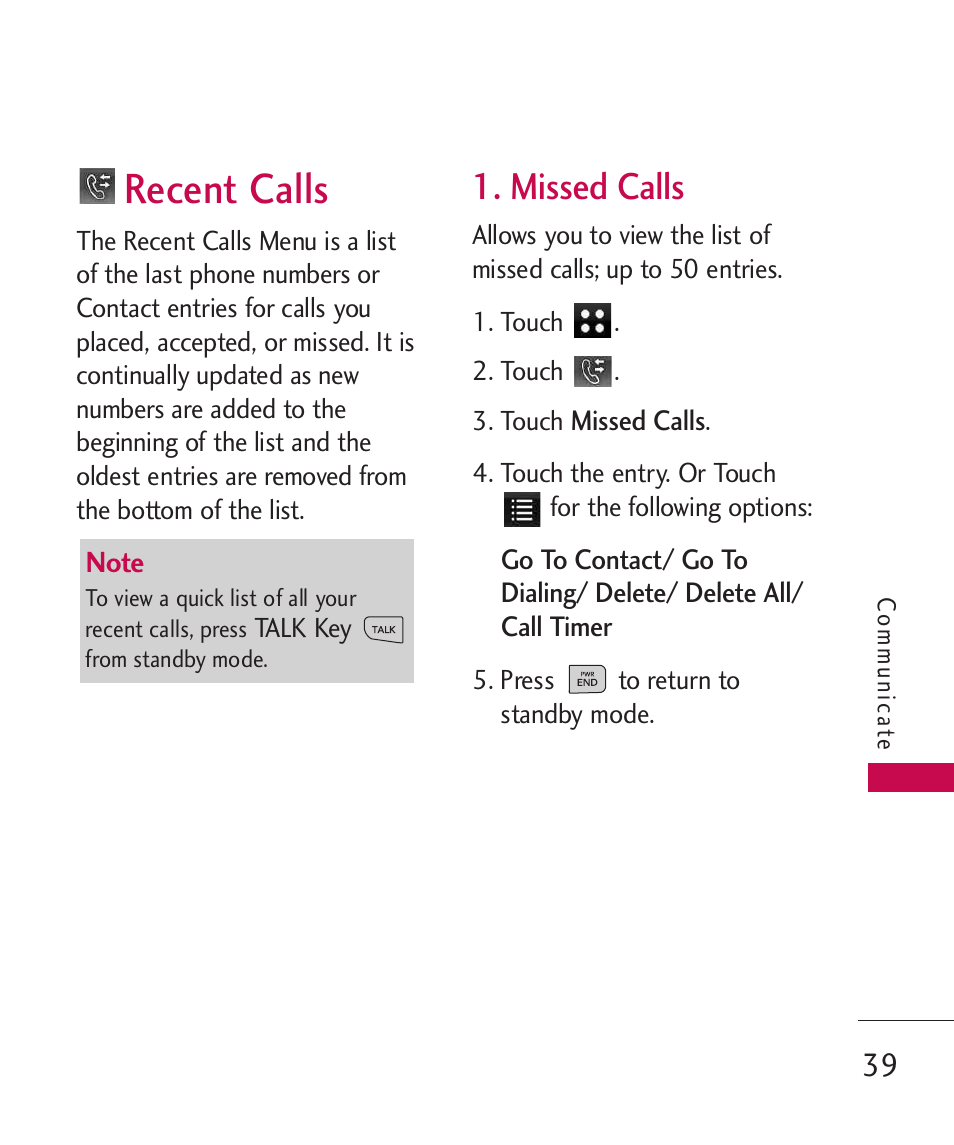 Recent calls, Missed calls | LG LG840 User Manual | Page 41 / 293