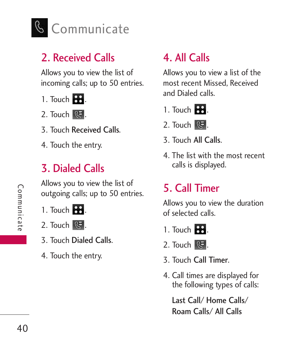 Received calls, Dialed calls, All calls | Call timer, Communicate | LG LG840 User Manual | Page 42 / 293