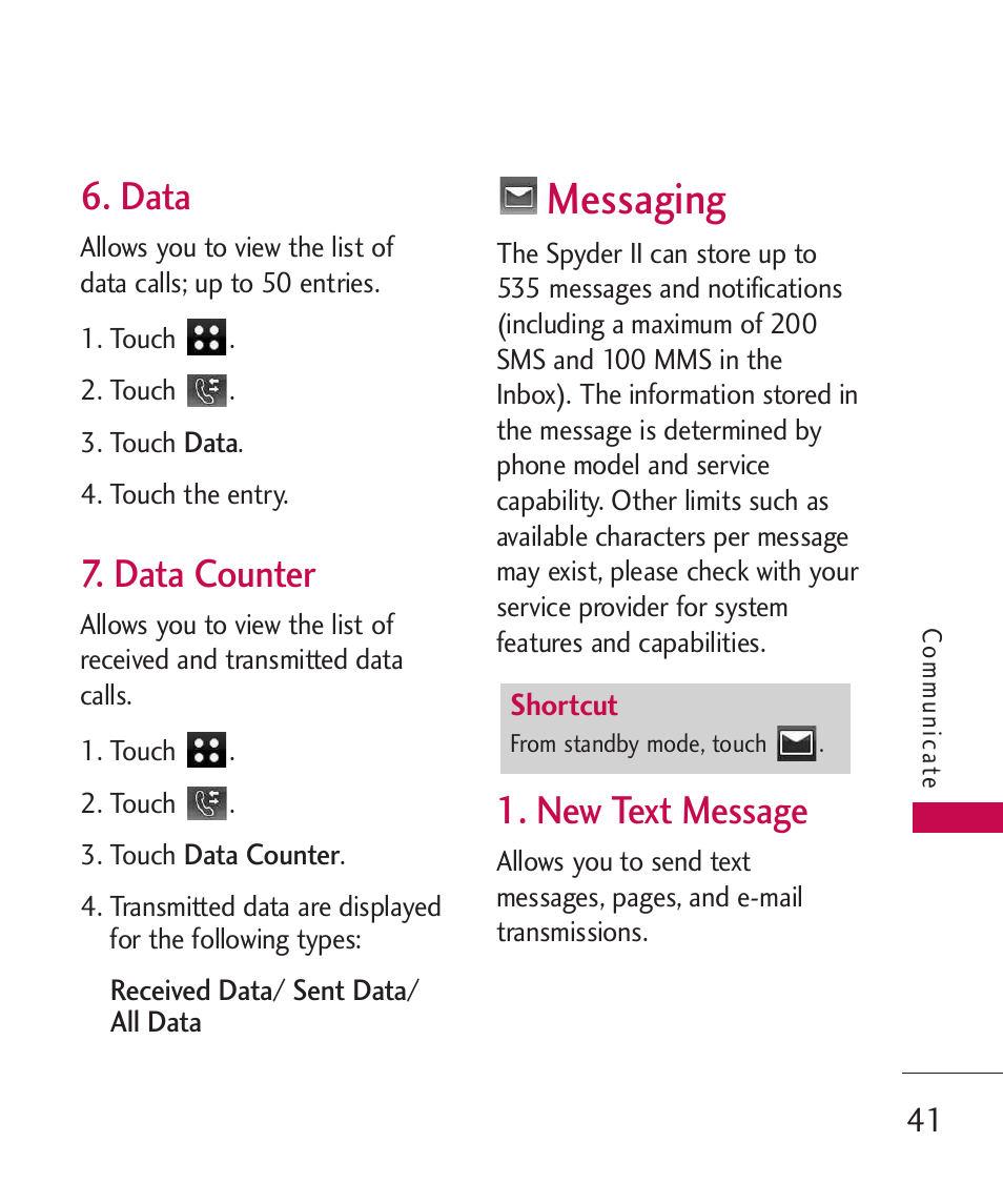 Data, Data counter, Messaging | New text message | LG LG840 User Manual | Page 43 / 293