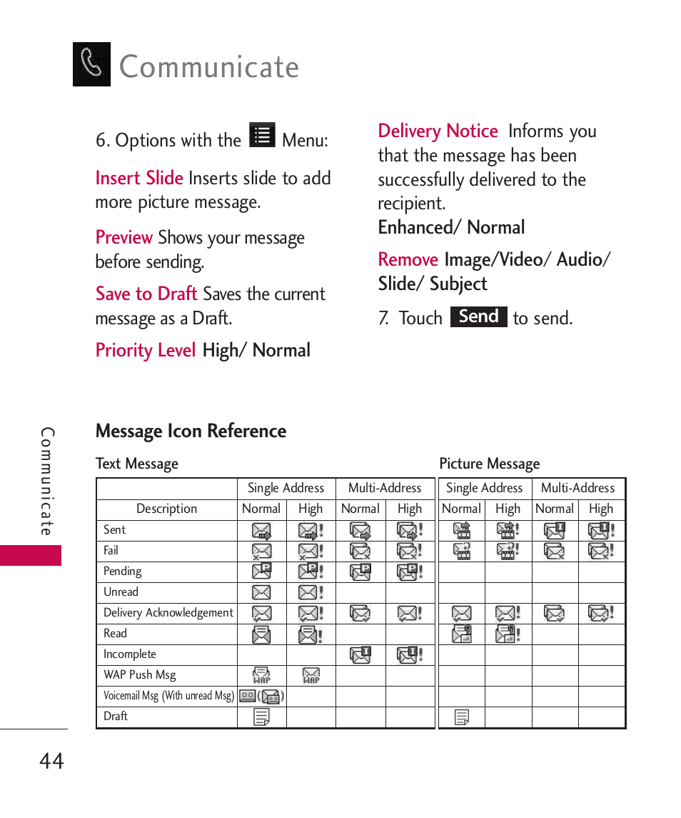 Communicate, Insert slide, Preview | Save to draft, Priority level high/ normal delivery notice, Enhanced/ normal remove image/video, Audio, Slide/ subject, Message icon reference | LG LG840 User Manual | Page 46 / 293