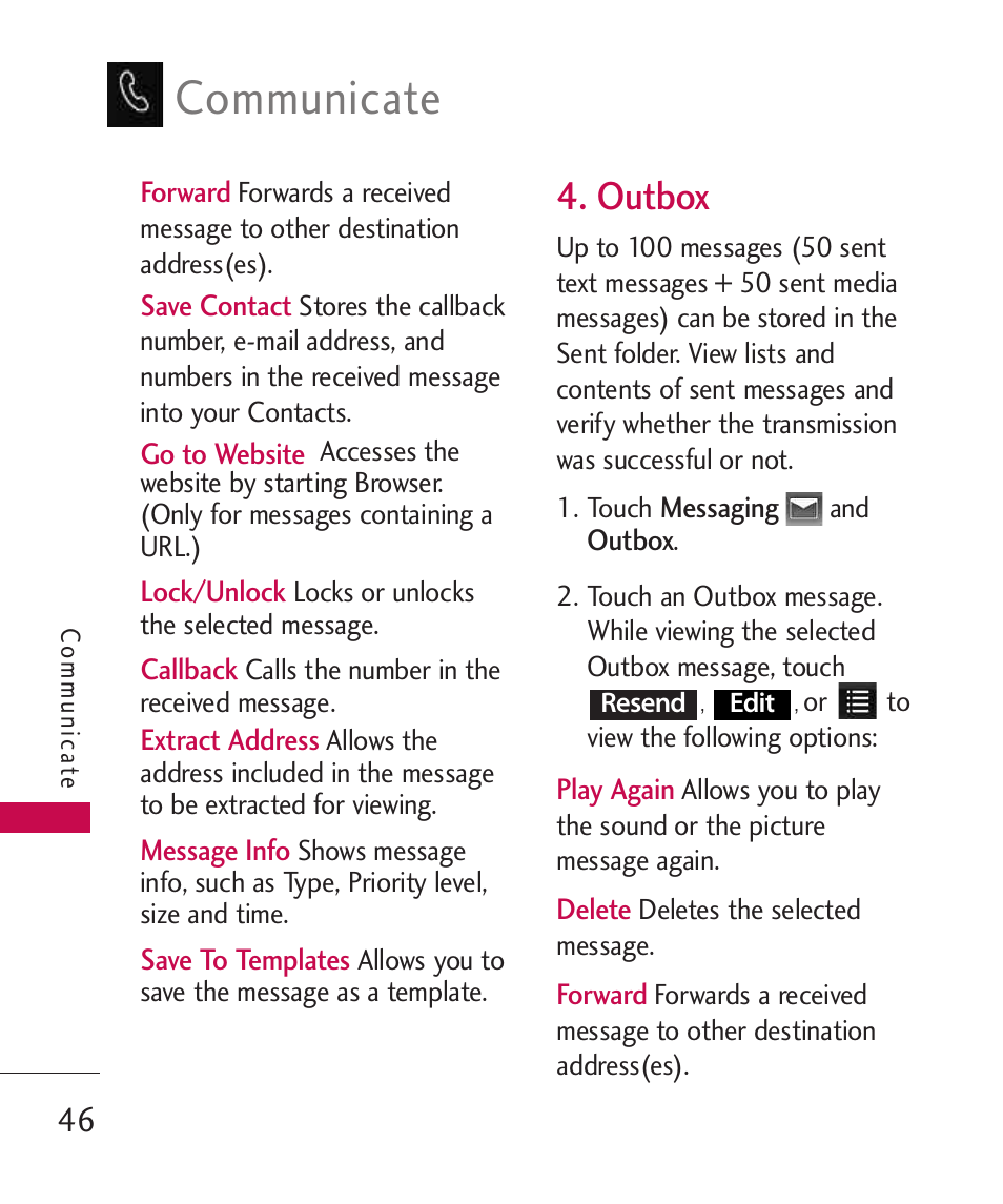 Outbox, Communicate | LG LG840 User Manual | Page 48 / 293
