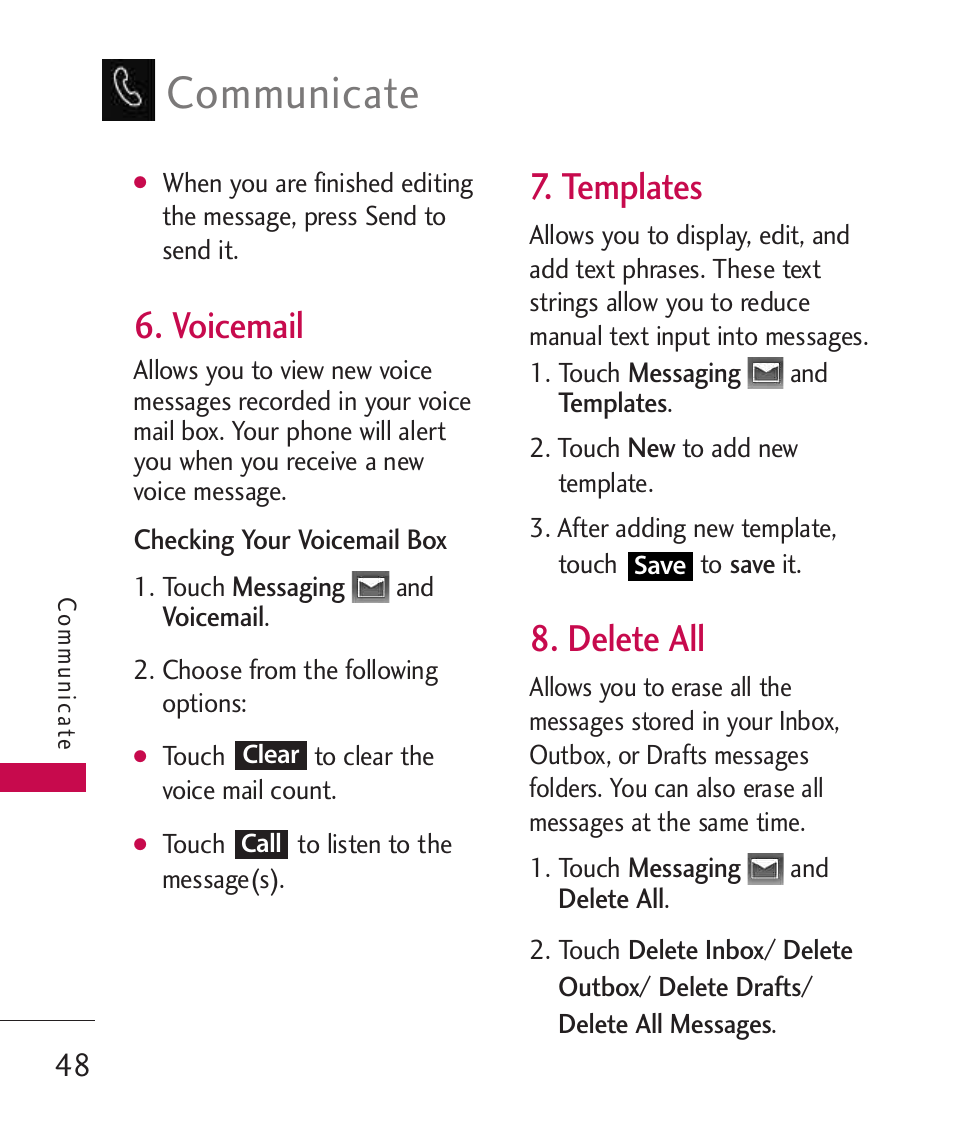 Voicemail, Templates, Delete all | Communicate | LG LG840 User Manual | Page 50 / 293