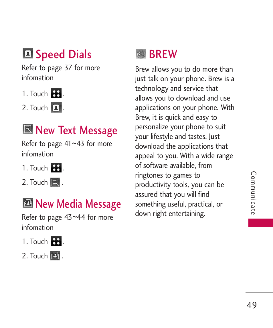 Speed dials, New text message, New media message | Brew | LG LG840 User Manual | Page 51 / 293
