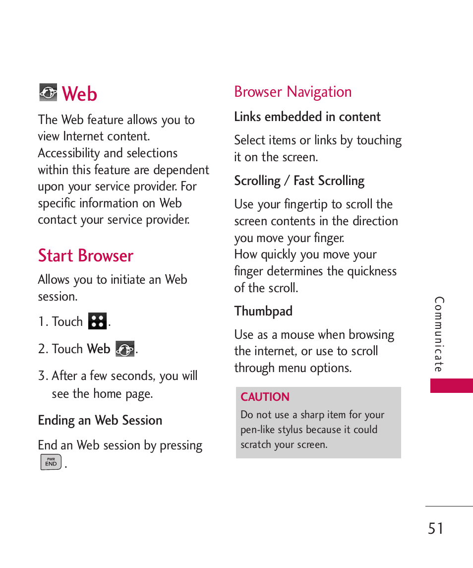 Start browser, Browser navigation | LG LG840 User Manual | Page 53 / 293