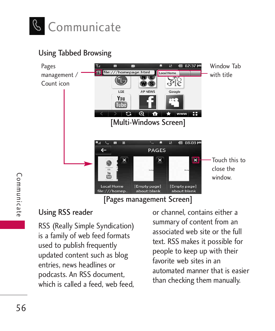 Communicate | LG LG840 User Manual | Page 58 / 293