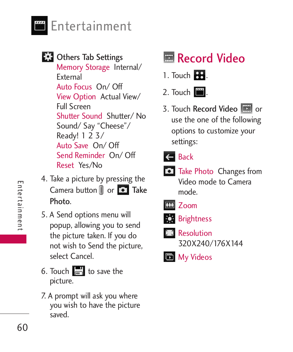 Record video, Entertainment | LG LG840 User Manual | Page 62 / 293
