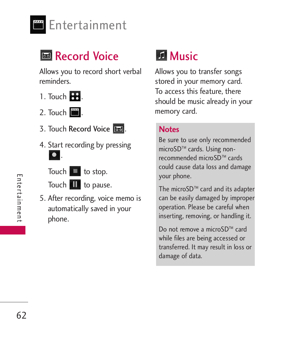 Record voice, Music, Entertainment | LG LG840 User Manual | Page 64 / 293