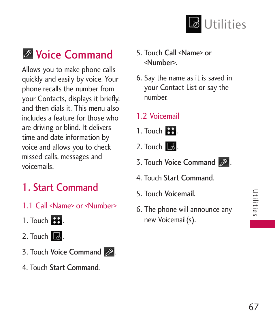 Voice command, Start command, 1 call <name> or <number | 2 voicemail, Utilities | LG LG840 User Manual | Page 69 / 293